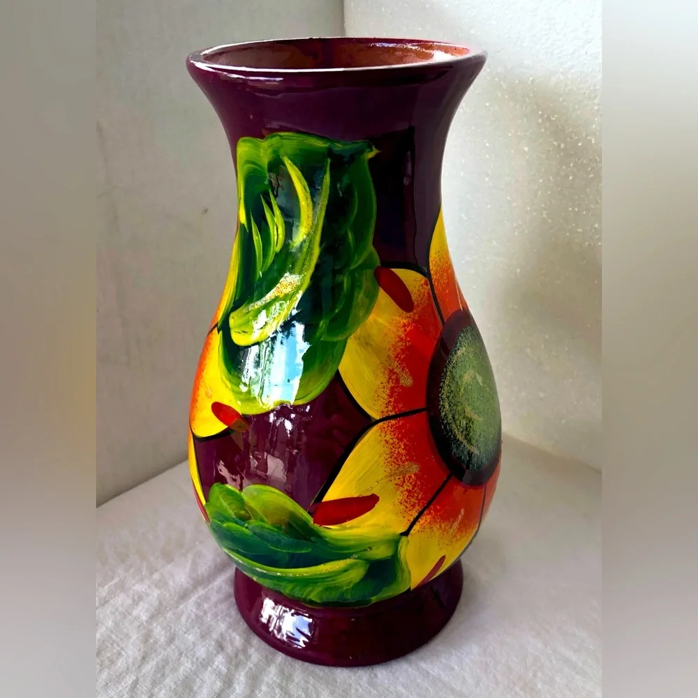 Mexican Folk Art Clay Pottery Vase Hand Painted Bright Flowers & Leaves